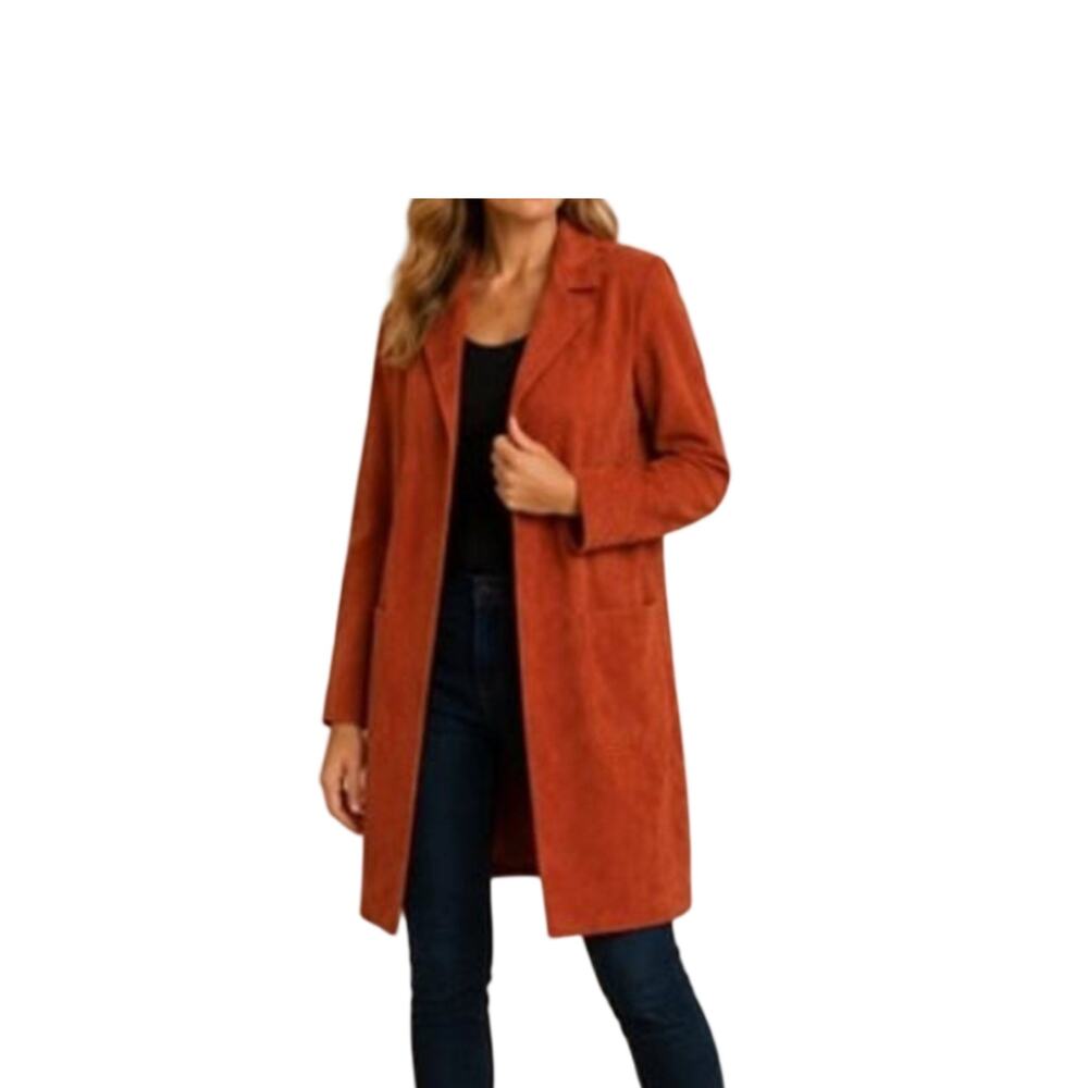 Philosophy Duster Womens Size L Rust Faux Leather Coatigan Pockets Collar NWT